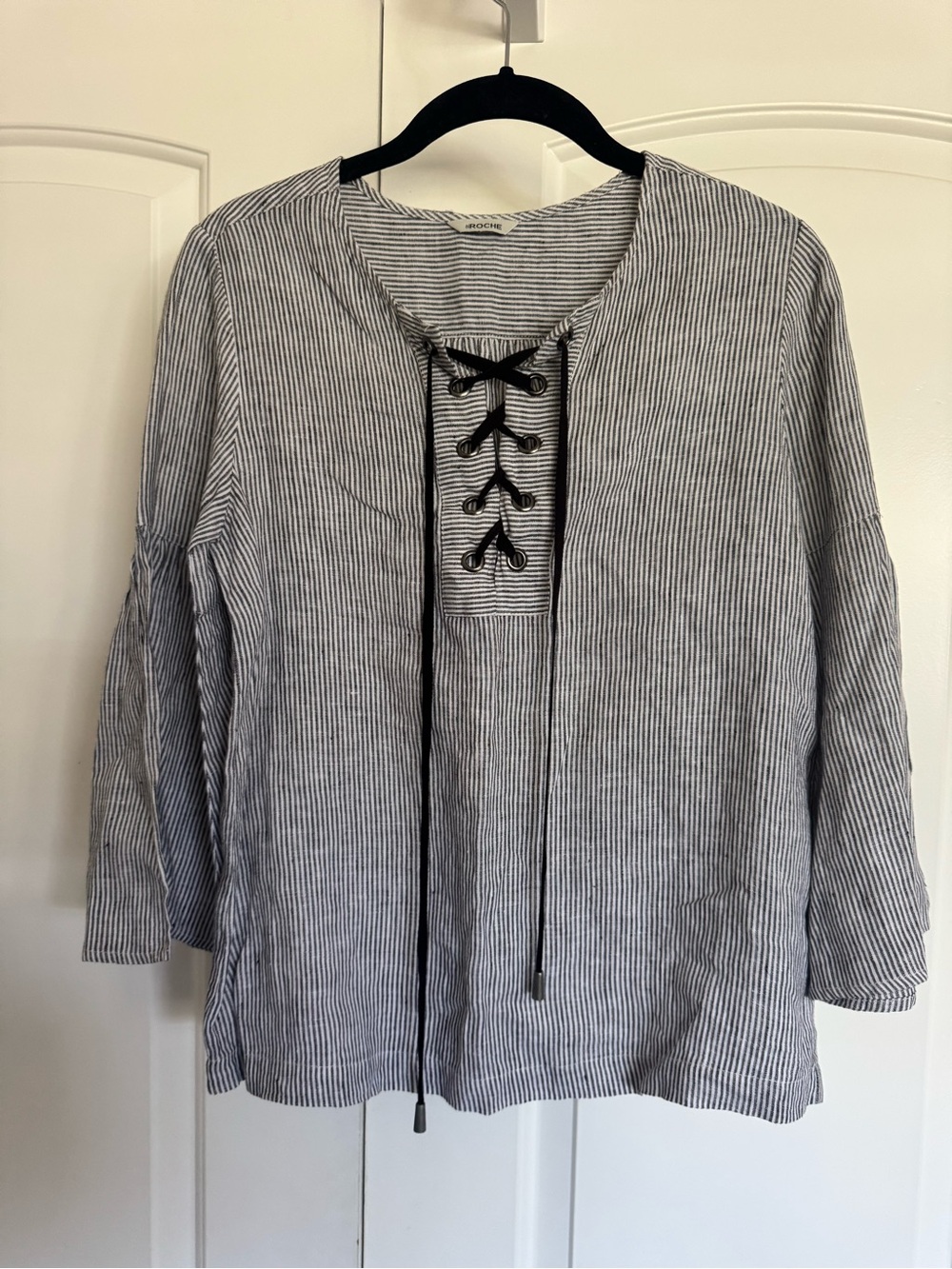 St. Roche Linen Striped Lace up detail Top Size XS navy white